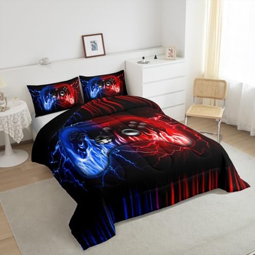 Feelyou Kids 3D Video Game Contoller Comforter Set,Gamer Bedding Set Toddler Size for Boys Teens Bedroom Room Decor,Game Gaming Comforter,Geometric Lightnings Blue Red Gaming Bed Set - Image 4