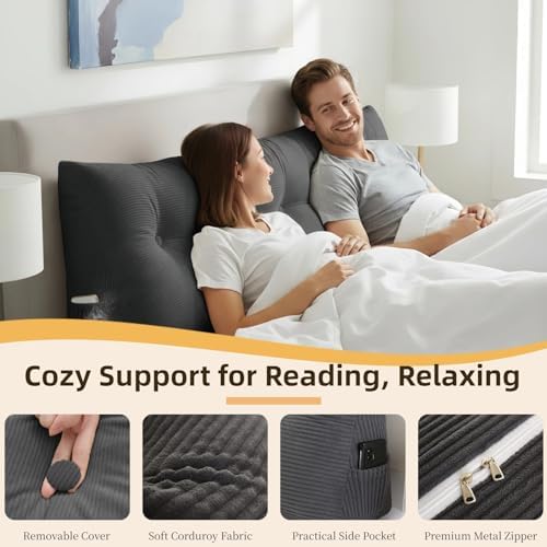 Wedge Reading Pillow Headboard King Size, Headboard Bolster Pillow for Bed, Triangular Backrest Cushion with Removable Corduroy Cover, Darkgrey - Image 4