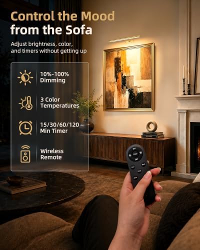 EZVALO Picture Light for Wall, 4800mAh Rechargeable Wireless Gold Light with IR Remote, Dimmable Magnetic LED Art Display Light with 3 Color Temperatures, for Gallery, Living Room, Bedroom(2Pack) - Image 4