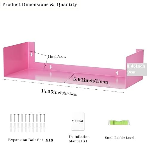 Metal Bali Floating Wall Girl's Bookshelf 15.5IN for Storage and Decor Wall Mounted CD DVD&Books Perfume, Make up Storage Shelves Living Room, Bedroom, Bathroom & Kitchen,2Pac,Pink - Image 3