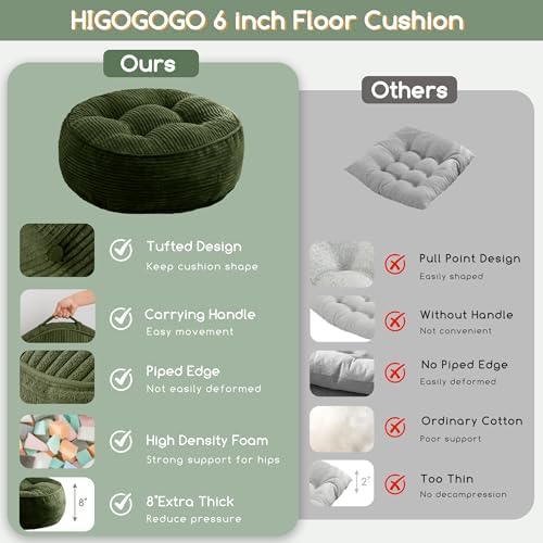 HIGOGOGO 8" Extra Thick Floor Pillow Cushion for Adults, Meditation Cushion Pillow, Large Round Floor Sitting, Tufted Corduroy Cover, for Tatami Living Room or Yoga, 22x22 Inch, Dark Green - Image 4