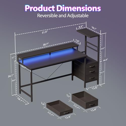 Mericonia 52" Reversible Gaming Desk with Drawers, Computer Desk, Black - Image 2