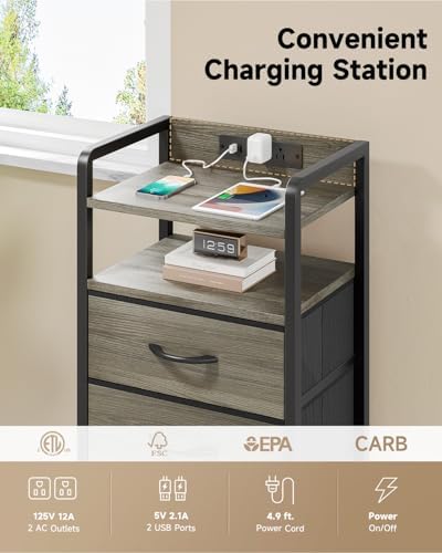 Lazzanto Nightstand with Rear Charging Station, LED Light, 2 Drawers, Grey - Image 5