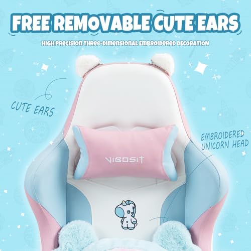 Vigosit Cute Cat Ears Gaming Chair - Pink Blue Unicorn Design, Ergonomic PU Leather Office Chairs Cute with Lumbar Support, 360° Swivel Recliner - Image 5