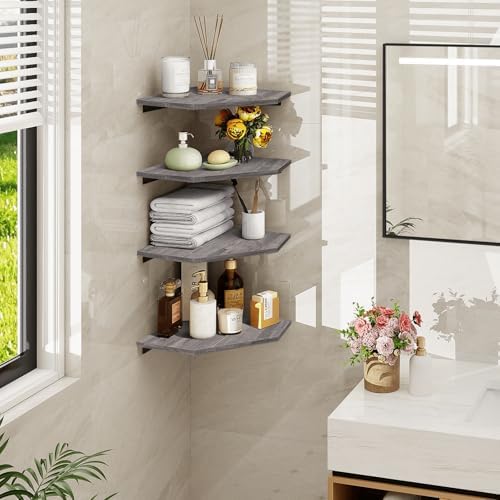 Homode Corner Shelf Wall Mount, Set of 4 Corner Floating Shelves with Cord Hole, Wall Shelf Organizer, Wood Hanging Storage Shelving for Bathroom Bedroom Kitchen, Rustic Grey - Image 2