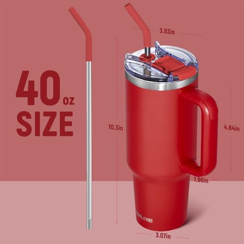 40 oz Tumbler with Handle and Straw Lid,Insulated Reusable Stainless Steel Water Bottle Travel Mug，Cupholder Friendly Double Wall Vacuum Sealed Cup (Cherry Red) - Image 3