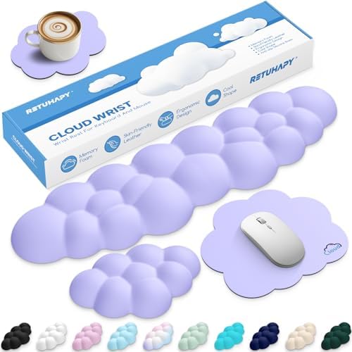 Cloud Wrist Rest Keyboard Cushion and Cloud Mouse Pad, Purple | 4-in-1 Ergonomic Cloud Keyboard Wrist Rest Set, Memory Foam, Arm Support for Palm, Cute Desk Accessory for PC Gaming Setup by Unknown