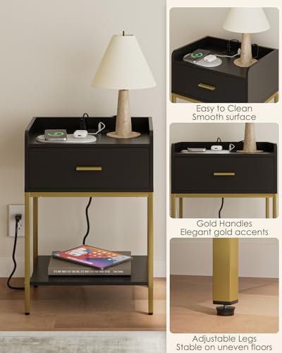 Masupu Nightstand with Charging Station,3-Tier Modern Bedside Night Stand with Storage Drawer and Shelf,Small End Side Table for Bedroom,Living Room,Gold and Black - Image 5