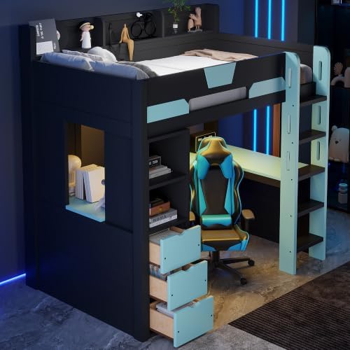 Merax Twin Size Wood Gaming Loft Bed with U-Shaped Desk, Lights & USB Ports by Merax