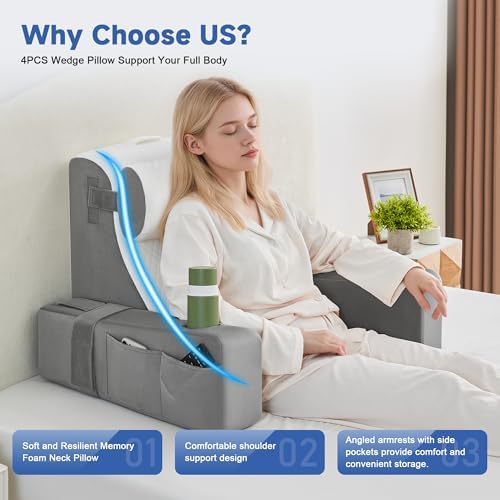 Reading Pillow for Bed, Back Pillow for Bed Sitting Up, Bed Pillows for Sitting Up with Adjustable Armrests, Cup Holder & Large Pocket, Backrest Cushion for Reading, Watching TV (WhiteGray, 4PCS) - Image 5