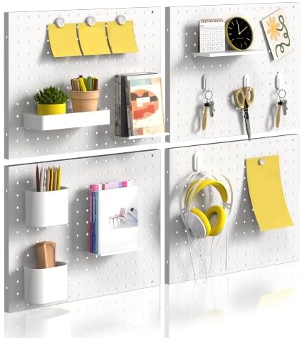 Peg Board Metal Pegboard Organizer 4 Pcs 15.7'' x 11.8'' Wall Control Pegboard for Gaming Room Garage Home Entryway Kitchen, White by ETELI