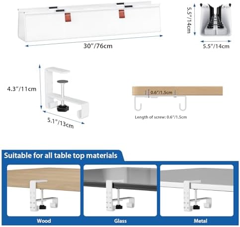 Zilink Under Desk Cable Management 30" No Drill Desk Cable Management Tray Clamp/Screw Mount Cable Tray Sturdy Waterproof Fabric Cord Organizer for Office, Home, White - Image 5