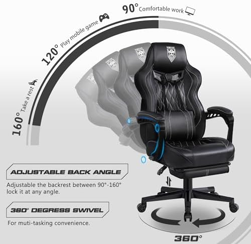 Vonesse Gaming Chair, Computer Office Chair with Footrest, Reclining Gaming Chairs for Adults, Big and Tall Ergonomic Gaming Chair with Lumbar Support and Massage (Black) - Image 5