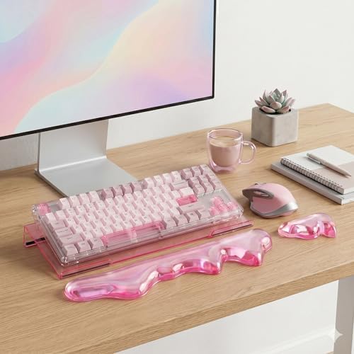 Acrylic Computer Keyboard Stand with Gel Mountain Wrist Rest Keyboard Riser with Comfortable Clear Silicone Mouse Wrist Pad Ergonomic Tilted Transparent Keyboard Holder for Desktop Office Hot Pink - Image 6