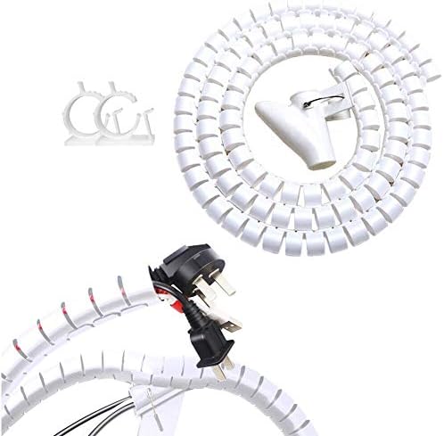White Cable Wire Cover Cord Management Sleeve Electrical Wire Organizer Holder, VIWIEU Reusable & Expandable Desktop Spiral Tube Wire Hider with Cable Clips for TV Computer Home Entertainment by VIWIEU