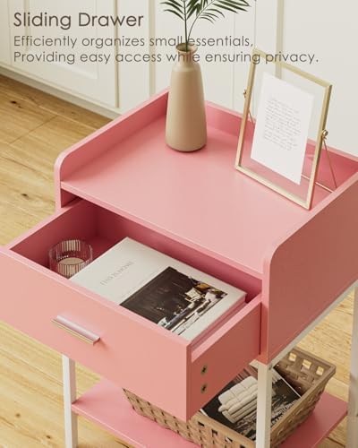 Masupu Nightstand,Bedside Table 3-Tier Modern Night Stand with Storage Drawer and Shelf,Small End Side Table for Bedroom,Living Room,Black (Without Outlet, Pink) - Image 6