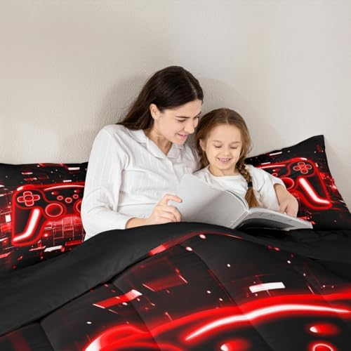 Erosebridal Gamer Comforter Set Gaming King Bedding Set, Neon Lights Game Boy Games Comforter Red Brick Cube Duvet Insert,Gaming Room Decor - Image 4