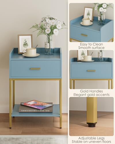 Masupu Nightstand,Bedside Table 3-Tier Modern Night Stand with Storage Drawer and Shelf,Small End Side Table for Bedroom,Living Room,Black (Without Outlet, Blue) - Image 6
