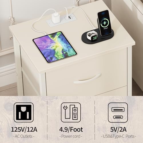Vagusicc Nightstand with Charging Station, Bedside Table with USB Ports and Outlet, End Table Side Table with 2 Fabric Drawers for Bedroom, Living Room, Beige - Image 6