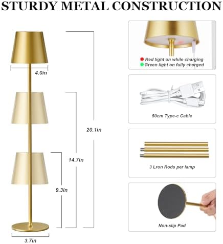 Kakanuo 20" Cordless Table Lamp Rechargeable Gold - 2 Pack 5000mAH Battery Operated Lamp for Counter, 3 Color Stepless Dimming Wireless Lamp for Dining Kitchen, Outdoor Patio, Touch Control - Image 2