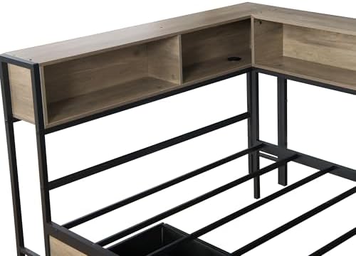Bellemave Twin Size Corner Bed Frame with Storage Drawers, Bookcase and Side Desk, Twin Corner Bed with Light and Charging Station, Daybed for Bedroom, Living Room, Guest Room Gray - Image 5