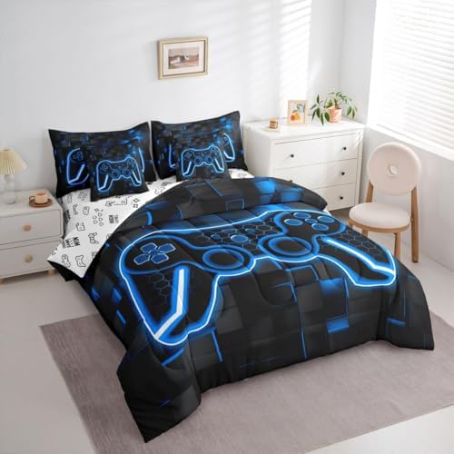 Feelyou Kids Gamer Queen Comforter Set with Sheets Gaming Bedding Set 7 piece for Boys Bedroom Decor Lighting Honeycomb Game Controller Bed in a Bag Blue and Black Geometric Bed Set - Image 2