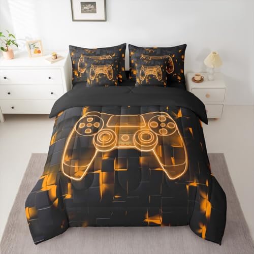Erosebridal Gaming Bed in A Bag 7 Piece Modern Gamer Queen Bedding Set with Sheets | Video Games Comforter Set for Kids Boys Teens Bedroom, Gamepad Ombre Geometric Bed Sets, Orange - Image 2