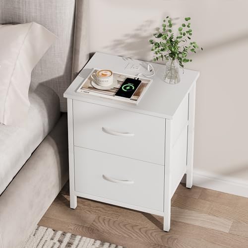 Vagusicc Nightstand with Charging Station, Bedside Table with USB Ports and Outlet, End Table Side Table with 2 Fabric Drawers for Bedroom, Living Room, White - Image 6