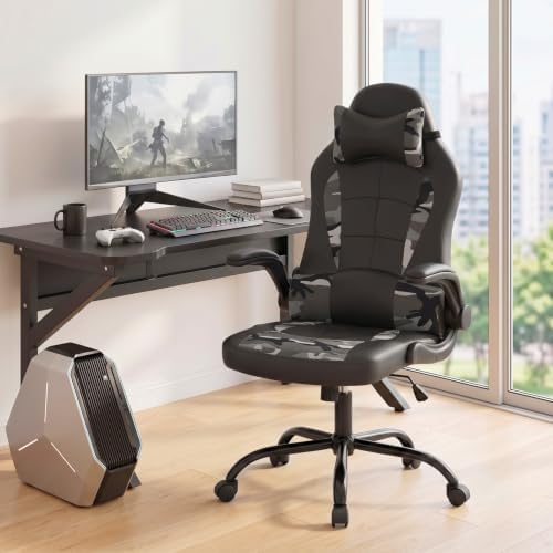PC Gaming Chair Ergonomic Office Chair Desk Chair PU Leather Racing Chair Executive Swivel Rolling Computer Chair with Lumbar Support Flip Up Arms Headrest for Adults,Camo - Image 2