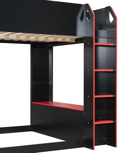 Merax Full Size Wood Loft Bed with Height-Adjustable Desk,Drawers,Storage Compartments,Hanging Rod and RGB Lights,Red - Image 7