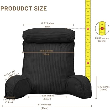 Reading Pillow for Bed with Detachable Neck Roll and Shredded Memory Foam, Back Pillow with Arms for Sitting Up, Washable Bed Rest Pillow with Side Pocket for Gaming, Sofa, Dorm - Black - Image 2