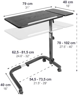 KMINA Overbed Table with Wheels, Tilting Hospital Bed Table, Black - Image 3