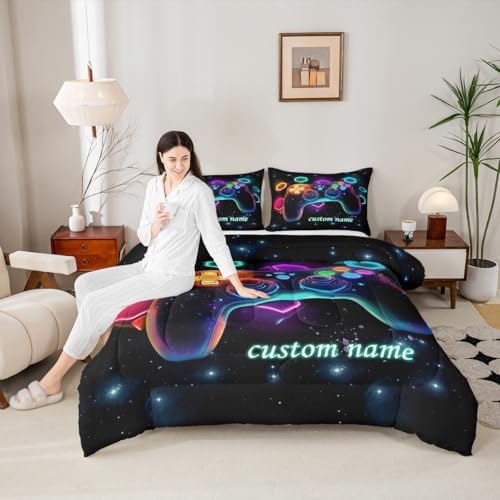 Erosebridal Customized Game Consoles Toddler Bedding Sets for Boys, Personalized Gaming Comforter Sets, Space Geometric Kids Comforter Set, Red Green Blue Teal, Game Room Decor, Gamer Gifts - Image 2