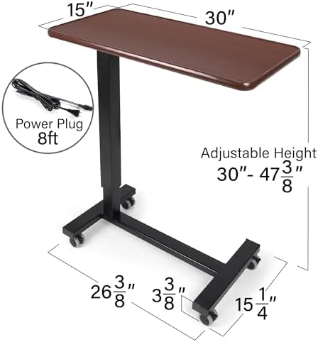 Vaunn Medical Electric Overbed Table Bedside Height Adjustable Table with Wheels (Electric-Powered, Hospital and Home Use) - Brown (Organic Modern) - Image 3