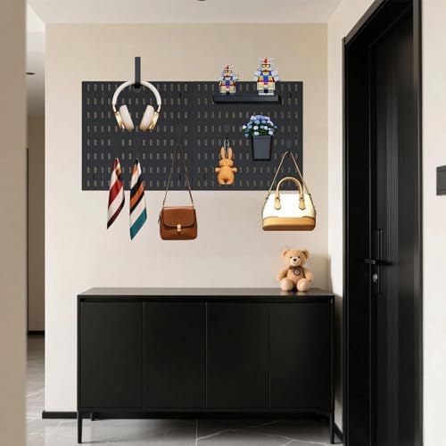 Pegboard Combination Wall Organizer Kit，4 Pegboards & 20 Accessories, Mount Display Pegboard Panel for Home Office, Gaming Room, Wall Storage,Crafts Organization,12''x12'' Each (Black) - Image 3