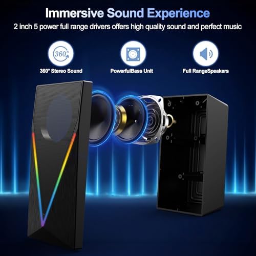 Computer Speakers, Desktop PC Speakers with 6 Colorful RGB Lights, Headphone Jack, Enhanced Bass and Volume Control, USB Powered & 3.5mm Aux Gaming Speakers for Laptop Monitor PC Tablet Phone - Image 2