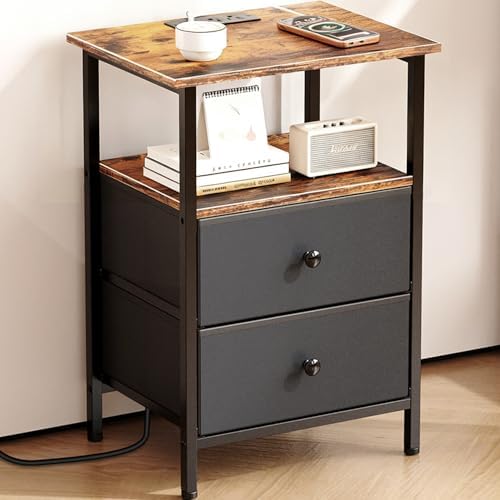 Nightstand with Charging Station, Bedside End Table with 2 Fabric Drawers for Bedroom, Side Table with USB Ports and Outlets (Brown Black) by Unknown