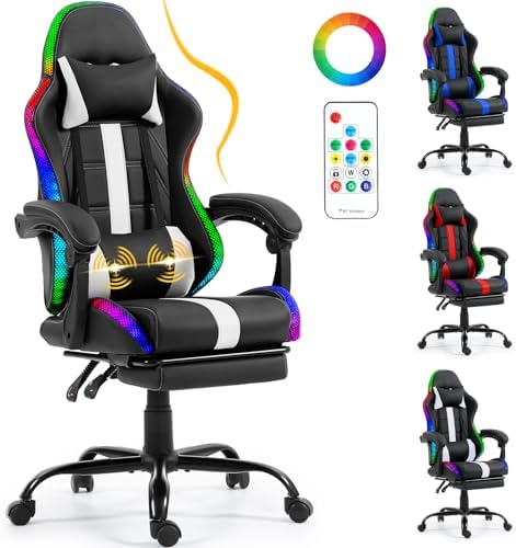 ECOTOUGE Gaming Chair, Massage Computer Chair with Footrest, RGB White | Premium PU Leather; Ergonomic Massage Lumbar; 90-135° Recline; Height Adjustable; Retractable Footrest; 330Lbs Steel Frame by ECOTOUGE