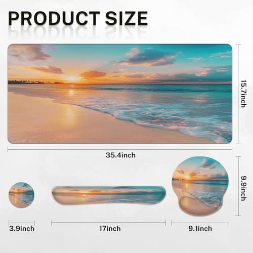 Arttown Keyboard Mouse Pad Set, 4 in 1 Desk Mat Set Ocean Beach - Image 2
