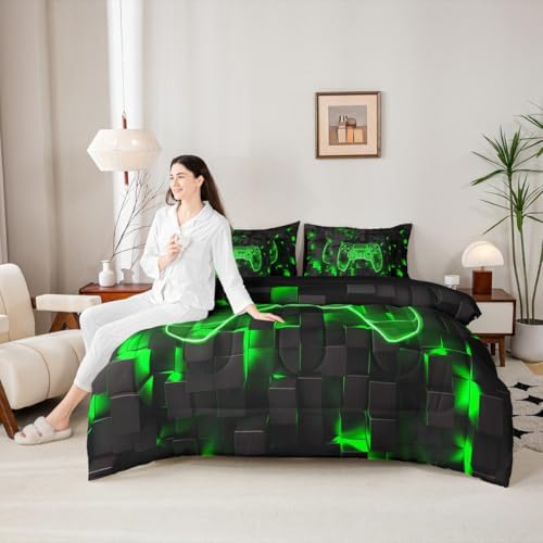 Erosebridal Full Gamer Bedding Set 7 Piece for Boys | Player Gaming Comforter Sets Game Controller Sheet Set Ombre Geometric Square Bed in A Bag for Kids Teens Men, Green Black - Image 6