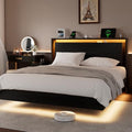 Einhomn Full Size Bed Frame with LED Lights & Charging Station – Kids Wood Floating Bed Frame with Storage Headboard, Adhesive Slats, Kick-Free & Noise-Free Design, Easy Assembly, Black by Einhomn