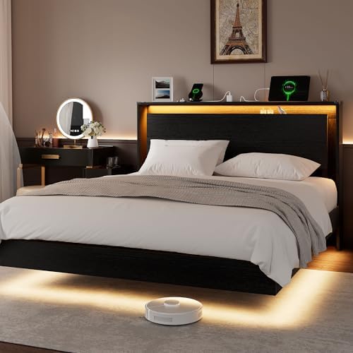Einhomn Bed Frame Queen Size with LED Lights & Charging Station – Kids Wood Floating Queen Bed Frame with Storage Headboard, Adhesive Slats, Kick-Free & Noise-Free Design, Easy Assembly, Black by Einhomn