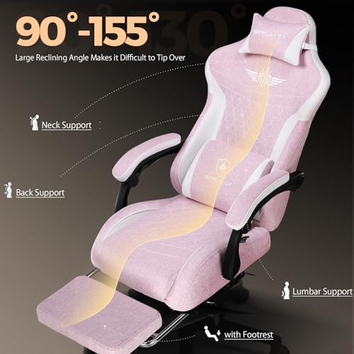 GTPLAYER Gaming Chair with Footrest, Big and Tall Game Chair High Back Computer Office Chair with Lumbar Support for Adults, Ergonomic Swivel Games Chair with Cushion Gaming, Fabric Pink - Image 5