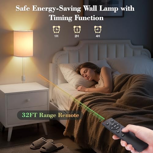Plug in Wall Sconces Set of Two: Wall Lights with 7 RGB Colors - 3 Color Temperature Wall Mount Lamps with Remote - Fabric Linen Wall Sconc for Bedroom Living Room & Hallway- Indoor Corded Wall Sconce - Image 6