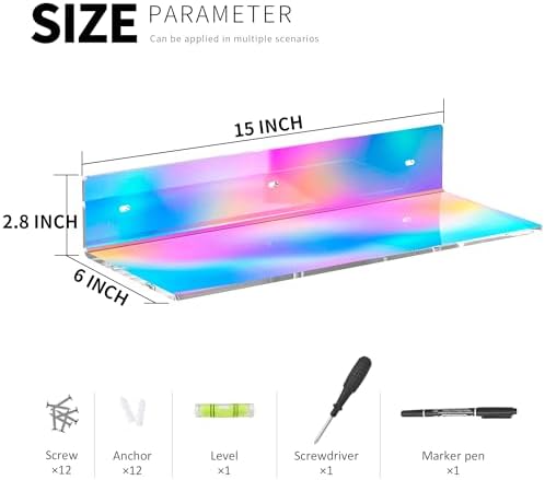 Sezanrpt 15 Inches Iridescent Acrylic Shelves, Wall Mounted Shelves for Bedroom, Wall Display Shelves for Collectibles, Funko Pop, Speaker, Plants, Space Saver, Wide Application, 4 Pack - Image 2