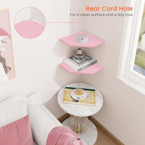 Homode Corner Floating Shelves, Corner Wall Shelf with Cord Hole, 2 Tier Wood Hanging Corner Shelf for Bathroom, Bedroom, Living Room, Pink - Image 6
