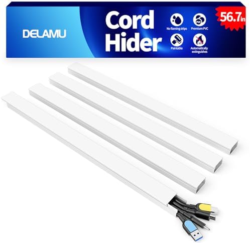 Delamu 56.7in Cord Hider, Wire Covers for 3-4 Cords on Wall, Premium Cable Hider Cord Covers for Wires, Paintable Cable Management Wire Hiders for TV, Cable Cover Raceway Kit, W1.18x H0.6in, White by DELAMU