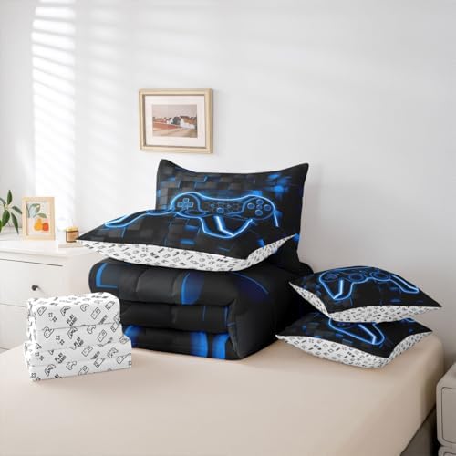 Feelyou Kids Gamer Queen Comforter Set with Sheets Gaming Bedding Set 7 piece for Boys Bedroom Decor Lighting Honeycomb Game Controller Bed in a Bag Blue and Black Geometric Bed Set - Image 5
