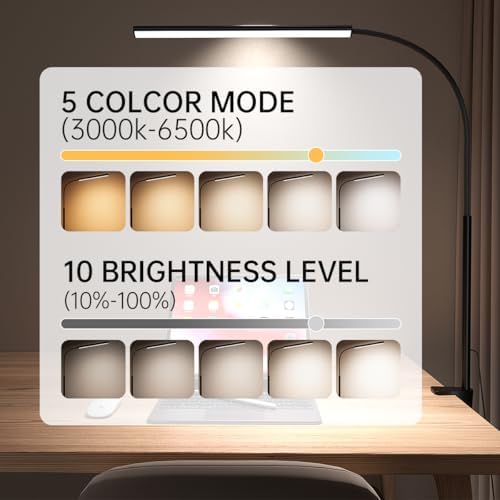 LED Desk Lamp with Clamp, 5 Color Modes & 10 Brightness Levels, Eye-Caring Desk Light, Flexible Gooseneck, Memory Function, Adapter Included for Home Office, Reading & Study - Image 2
