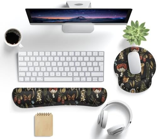 Plant Mushroom Mouse Pad Black Aesthetic Ergonomic Desk Pad Wrist Support Keyboard Wrist Rest Set, Mouse Pad with Non-Slip Pu for Office Comfortable Mouse Wrist Rest for Easy Typing & Pain Relief. - Image 2
